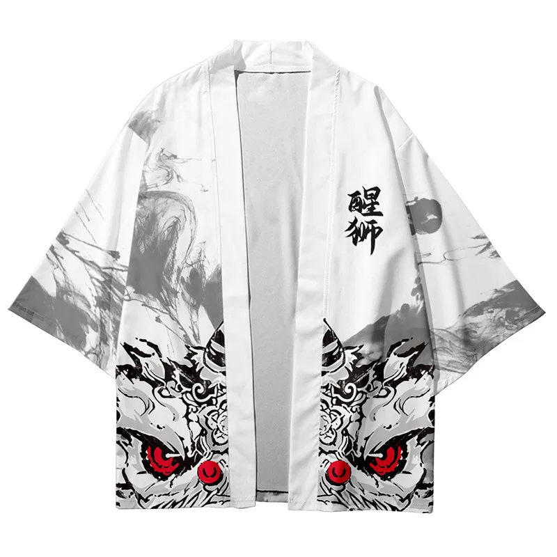 Vintage Lion Dance Print Shirt Traditional Samurai Kimono Women Men Harajuku Haori Japanese Beach Yukata Streetwear Cardigan