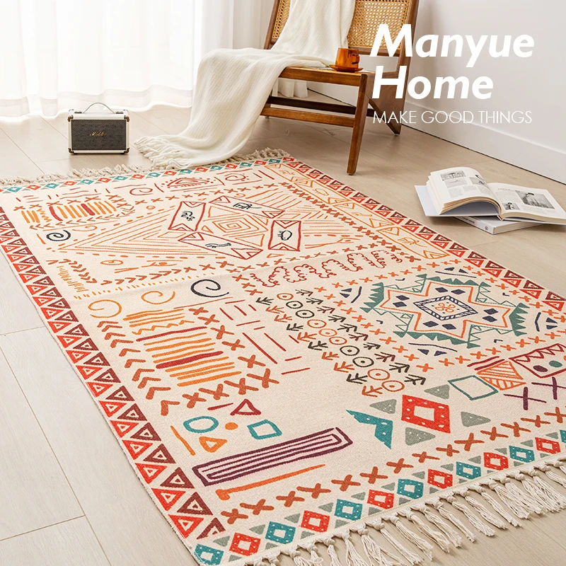 Bohemian Cotton Linen Area Rug Tassel Hand Woven Bedside Blanket Ethnic Style 120x170cm Living Room Carpet Vintage Bedroom Rug
