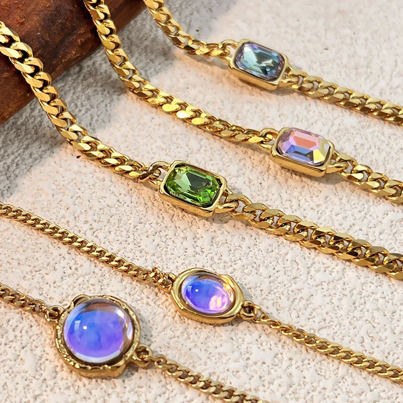 Pulsera de acero inoxidable chapada en oro de 18k con incrustaciones de circonita en forma ovalada y cuadrada para mujer, cadena gruesa clásica para la muñeca, joyería glamorosa.