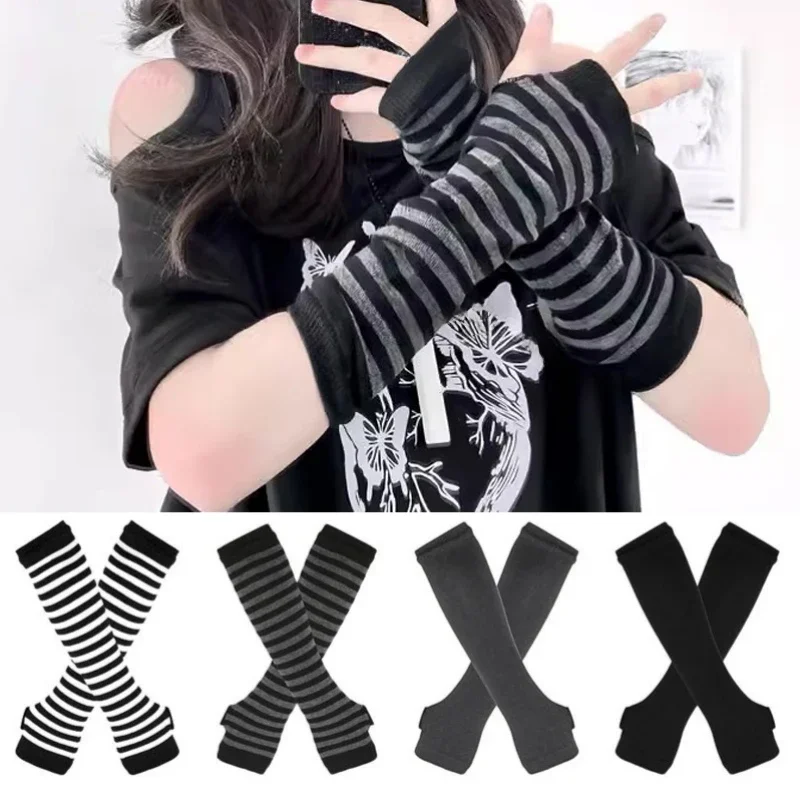 Punk Long Sleeves Fingerless Gloves Cuff for Women Men Stripe Hip-Hop Knitted Elbow Mittens Elastic Winter Arm Warmer Outdoor