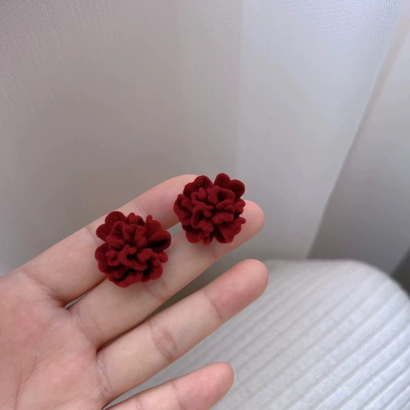 Temperament Winered Flocking Camellia Flower Stud Geometry Earring Jewelry Christmas Girl Friend Gift image 3