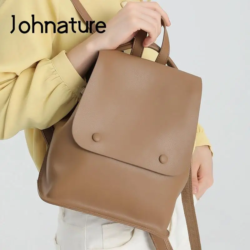 

Johnature Fashion Backpack Women 2024 New Casual Cow Leather Bag Solid Color Shoulder Bags Large Capacity Travel Backpack