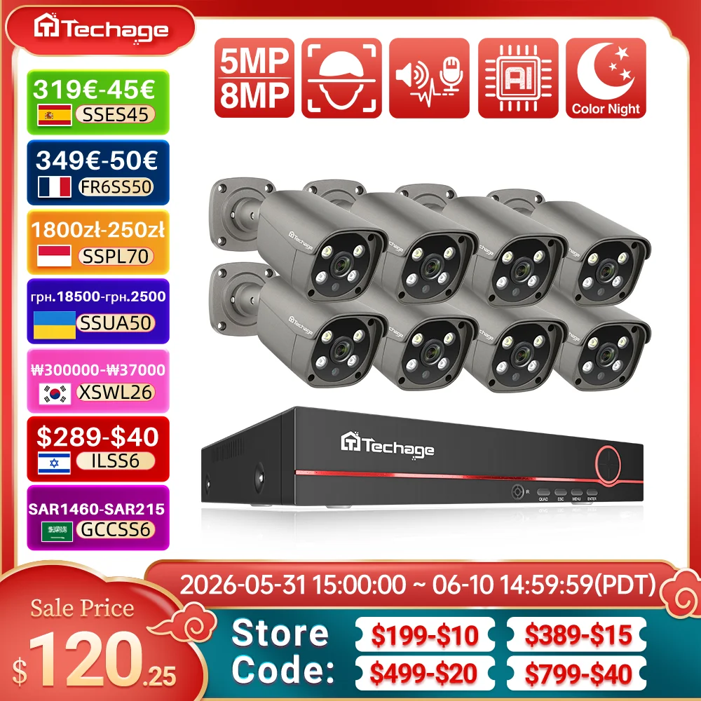 Techage 8CH 5MP 8MP Security Camera System 4K HD POE NVR Kit Two Way Audio Face Detect Outdoor Video Surveillance IP Camera Set