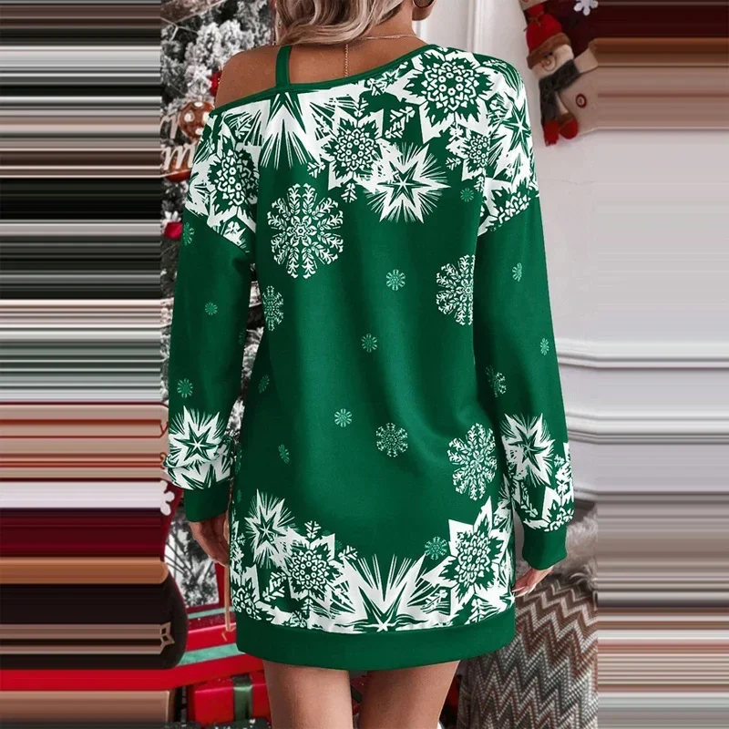 Christmas Women Printed Explosion Snowflake Dress Autumn Winter Lady Casual Party Dress Sexy Female Oblique Shoulder Mini Dress