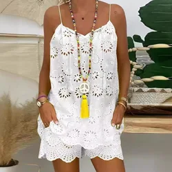 Women's Cotton Linen Sleeveless 2-Piece Set Hollow Embroidery Ruffled Camisole Tassel Vest Drawstring Shorts Printed Casual Set