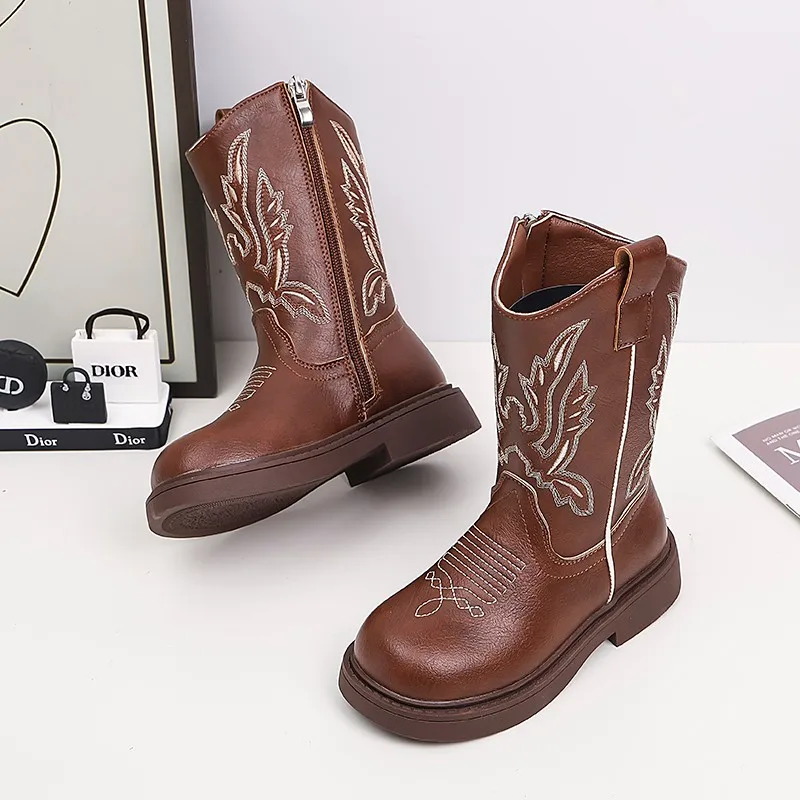 Children Leather Boots Classic Cowboy Embroidery Girls Long Booties Kids Winter Round Toe Soft Snow Shoes Fashion Snow Boots
