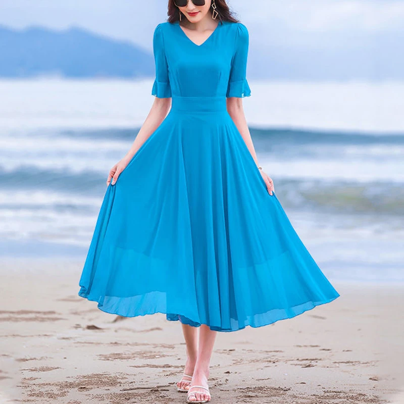 Summer V-neck Elegant Fashion Ruffles Beach Holiday Midi Dress Female Half Sleeve Waist Robe Women Solid Color Chiffon Vestidos