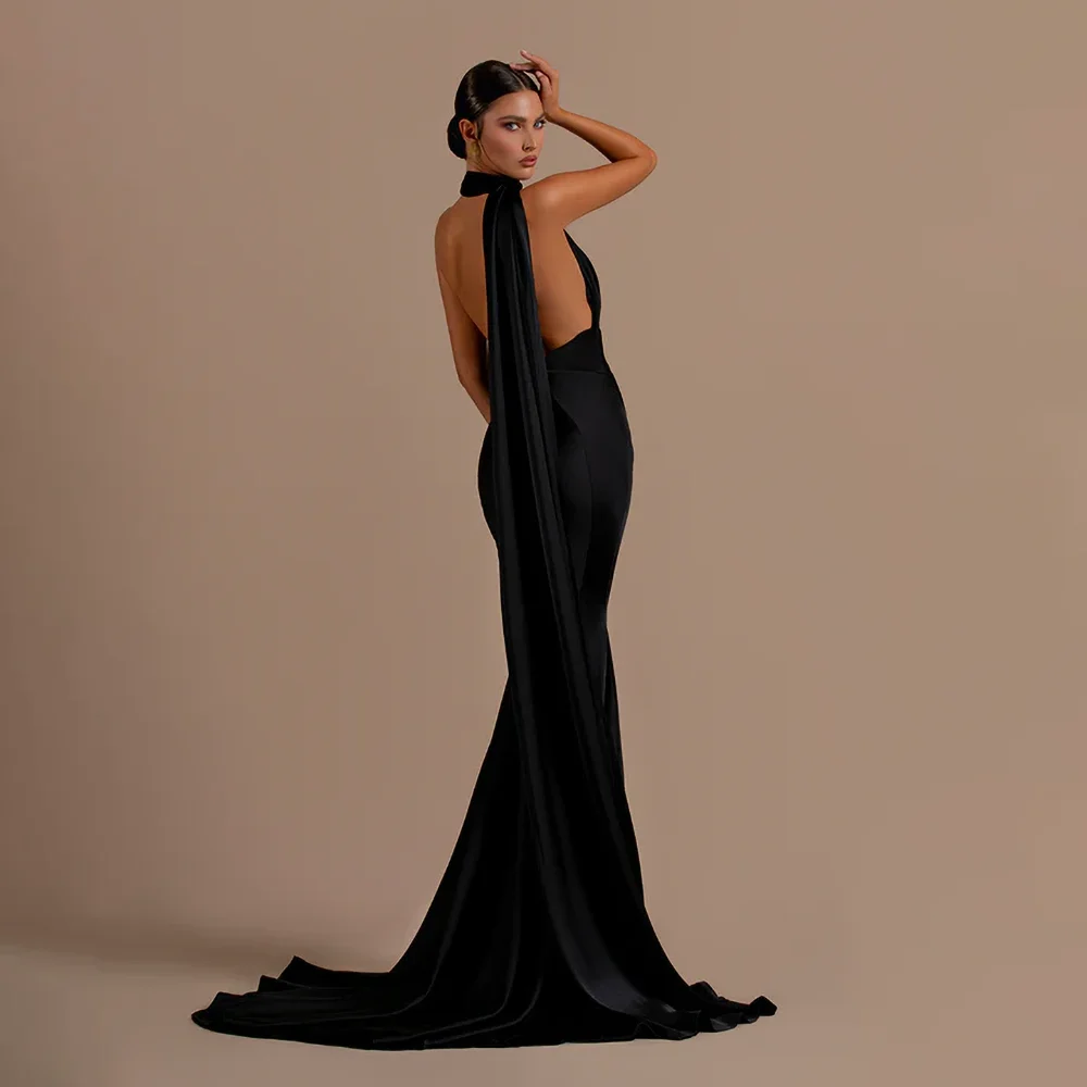 Black Satin Women Evening Dresses Fashion Halter Sleeveless Floor Length Prom Mermaid Gowns Chic Classic Wedding Party Dresses