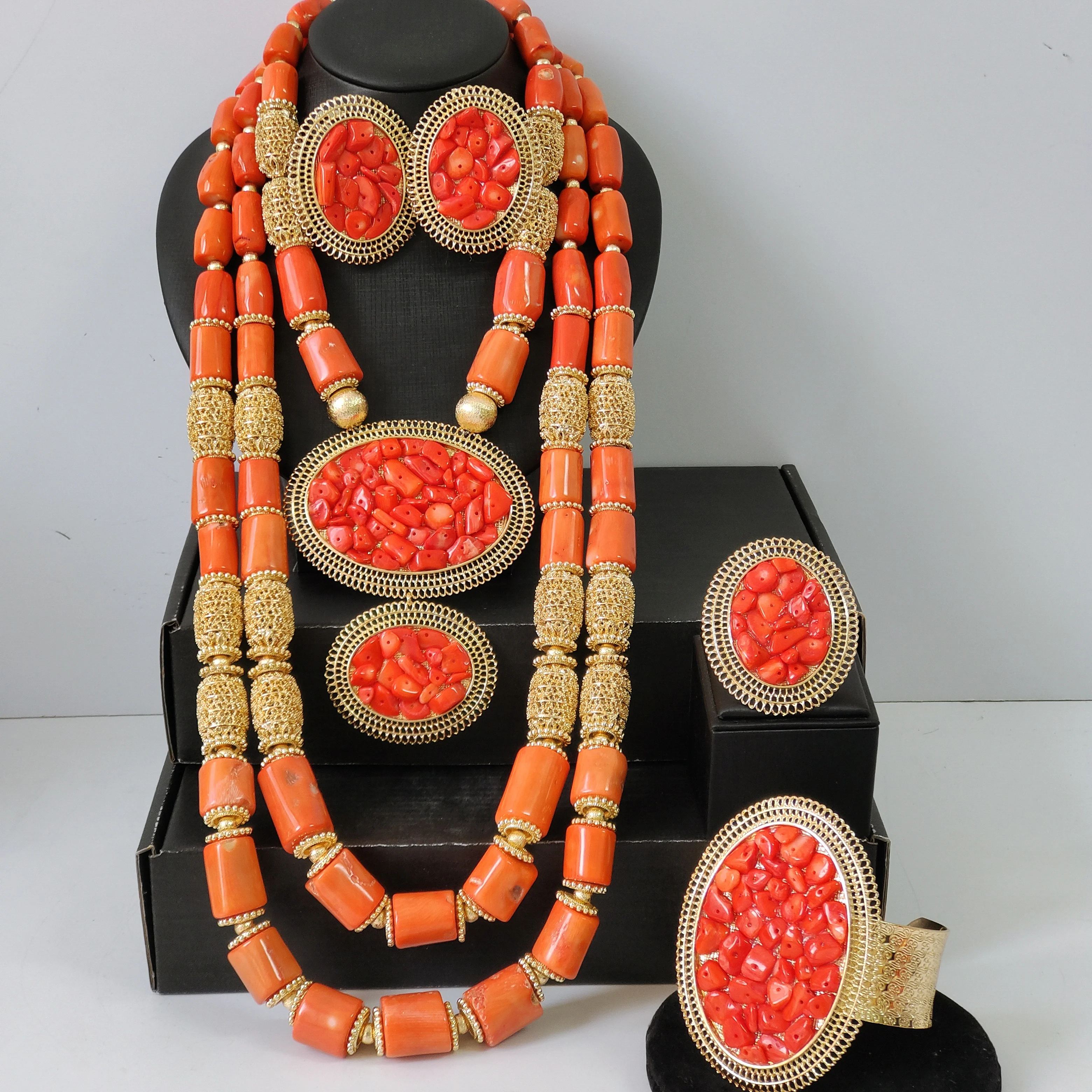 Handmade Coral Beaded Necklace Real Nigerian Bride Wedding Jewelry Sets