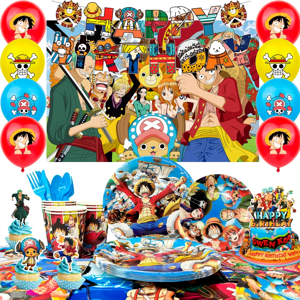 112 pièces de fournitures pour fête d'anniversaire One Piece - Décorations de fête One Piece, bannière, ballons, assiettes, etc. Décorations d'anniversaire One Piece