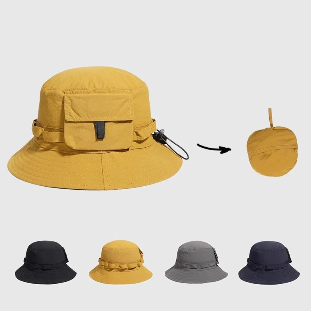 Anti-UV Foldable Bucket Hat Breathable Pocket Design Quick Drying Fisherman Hat With Storage Bag Polyester Sun Protection Hat