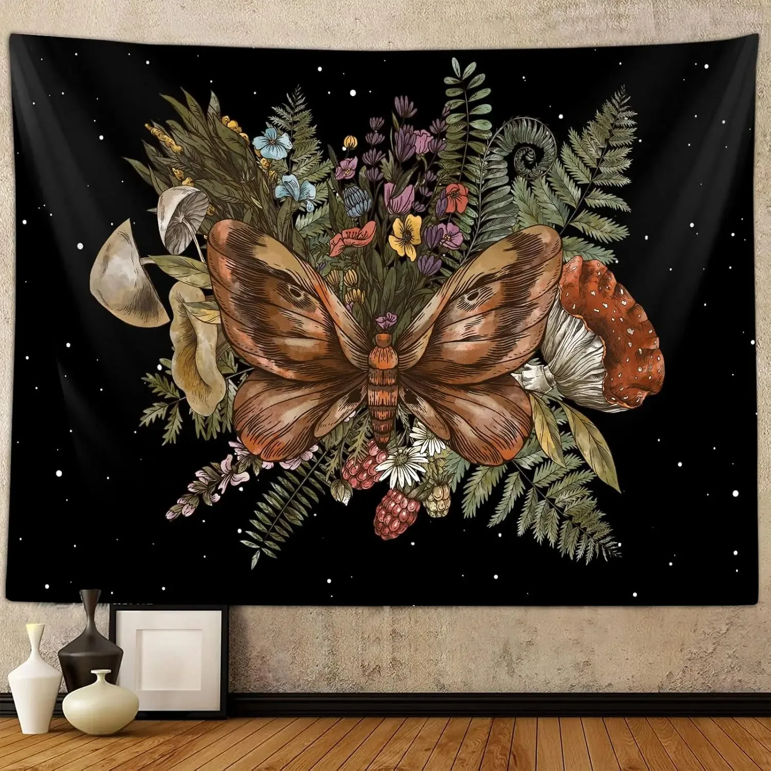 Living Room Decor Bohemian Mushroom Dragonfly Tapestry Bedroom Aesthetic Retro Plants Plant Art Tapestry Dormitory view 2