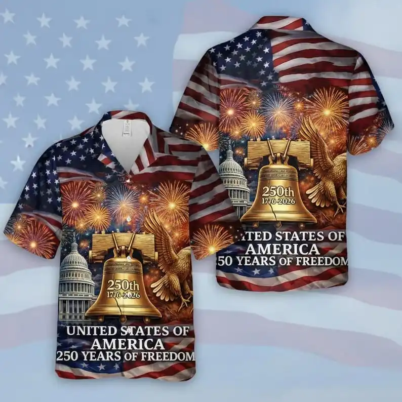 

Мужская гавайская рубашка America 250, винтажная патриотическая рубашка 1776–2026, пляжная рубашка на пуговицах в честь 250-летия Америки