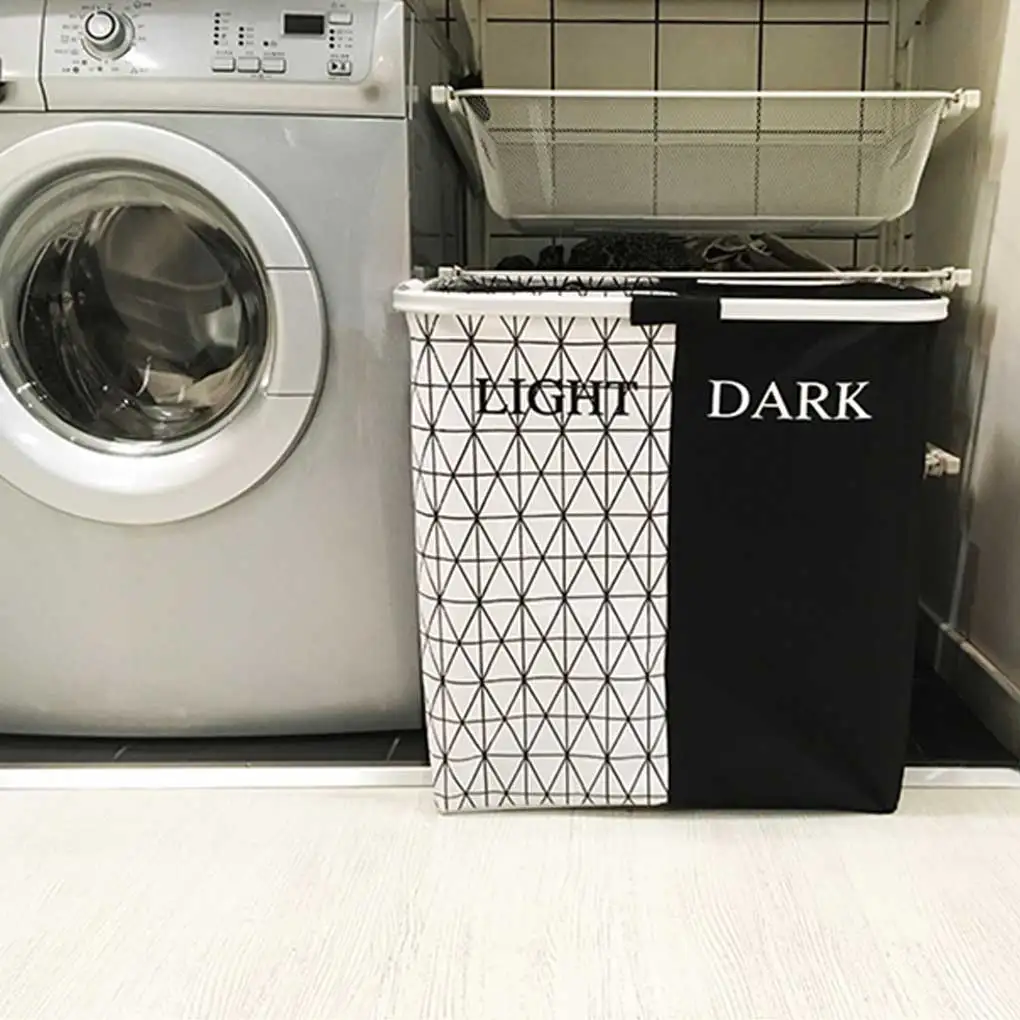 Dorm Laundry Basket Dual Color 2 Slots Dirty Clothes Hamper Oxford Cloth Breathable Organizer Washing Pouch  Black White