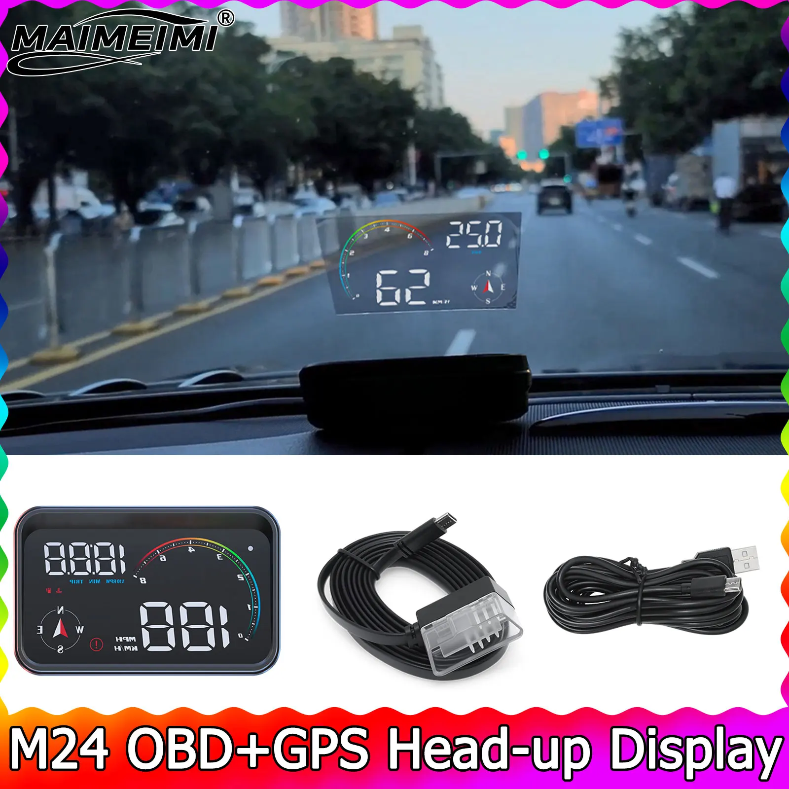 

M24 HUD Gauge Smart Speedometer OBD+GPS Car Electronics Head Up Display Turbo RPM Alarm Water Temp Car Overspeed