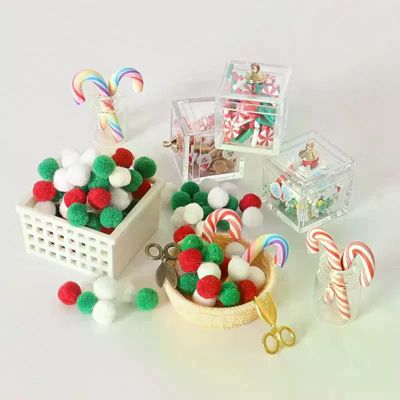 1 Juego de simulación de casa de muñecas, caja de Navidad, modelo de bastón de caramelo, adorno hecho a mano, tijeras DIY, accesorios de decoración de cesta de escena