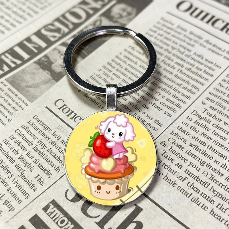 Hit Product Sweet Cake Pattern Glass Cabochon Key Chain Lovely Pastry Pendant Women Bag Car Key Holder Party Favor Gift