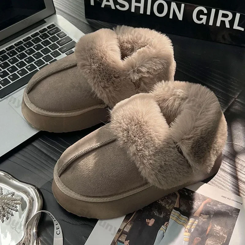 Fashion Platform Fluffy Snow Boots for Women Winter Cozy Faux Fur Slip on Cotton Shoes Woman Thick Sole Non Slip Warm Slippers