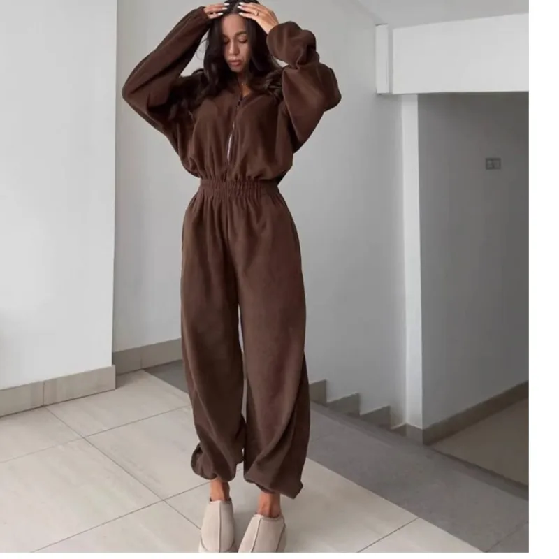 2025 New Women's Long-Sleeve Jumpsuit Casual Half-Zip Elastic Waist Set for Spring & Autumn Soft Stretch Fabric Comfort Fit