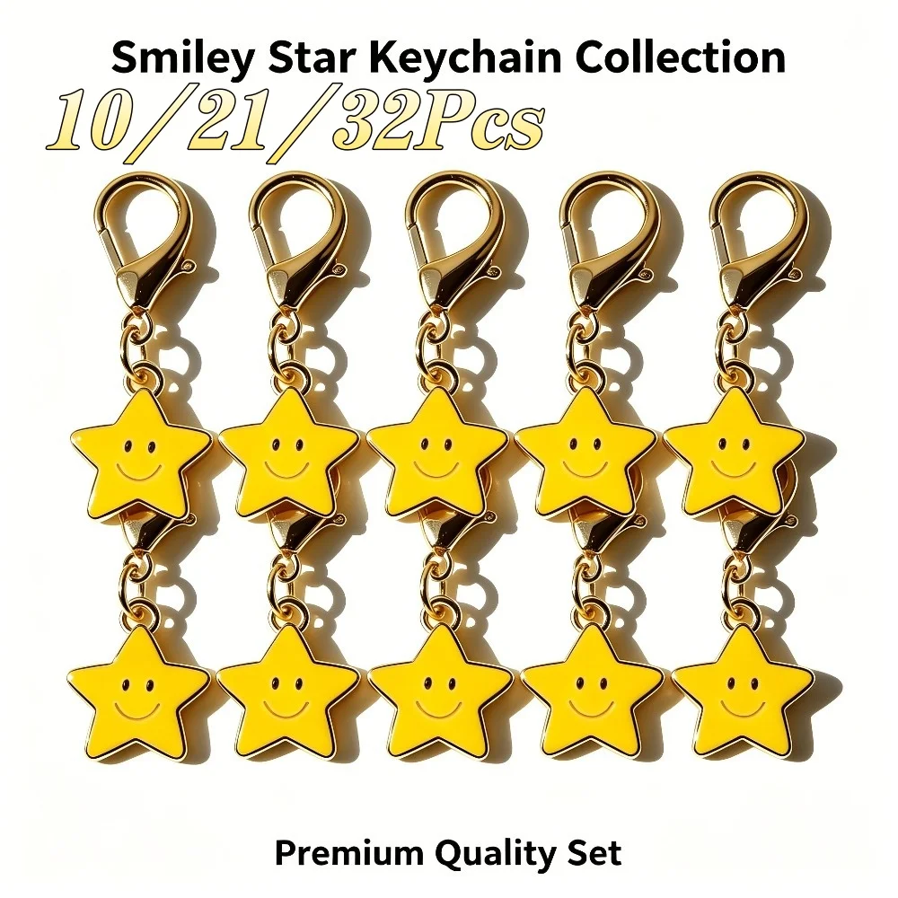 10Pcs Smiley Star Keyring Alloy Lobster Claw Clasp Pendant Cute Happy Face Backpack Purse Decor for Students Class Party Favors