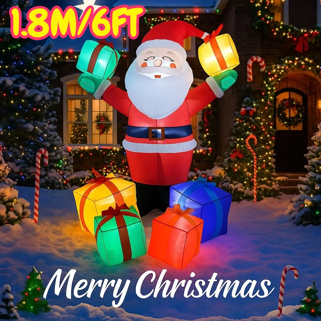 

1,8 м/6 футов Санта-Клаус с подарками, рождественские украшения, домашние надувные игрушки со светодиодной подсветкой, рождественские украшения для двора, вечерние украшения «сделай сам»