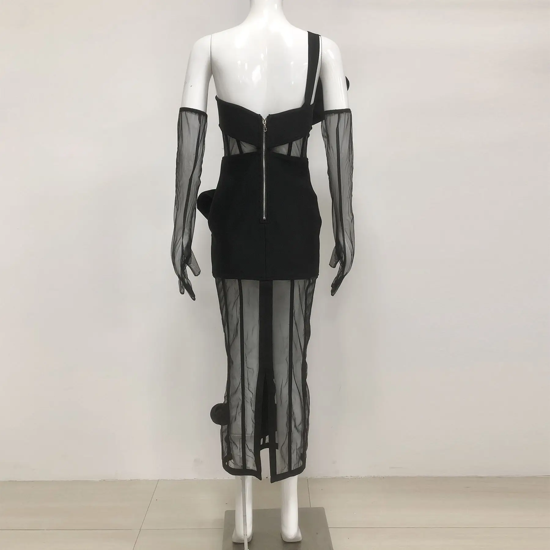 ZNS Sexy One Shoulder Bow Mesh See Through Bandage Bodycon Dress With Gloves Black Sleeveless Elegant Party Birthday Dresses