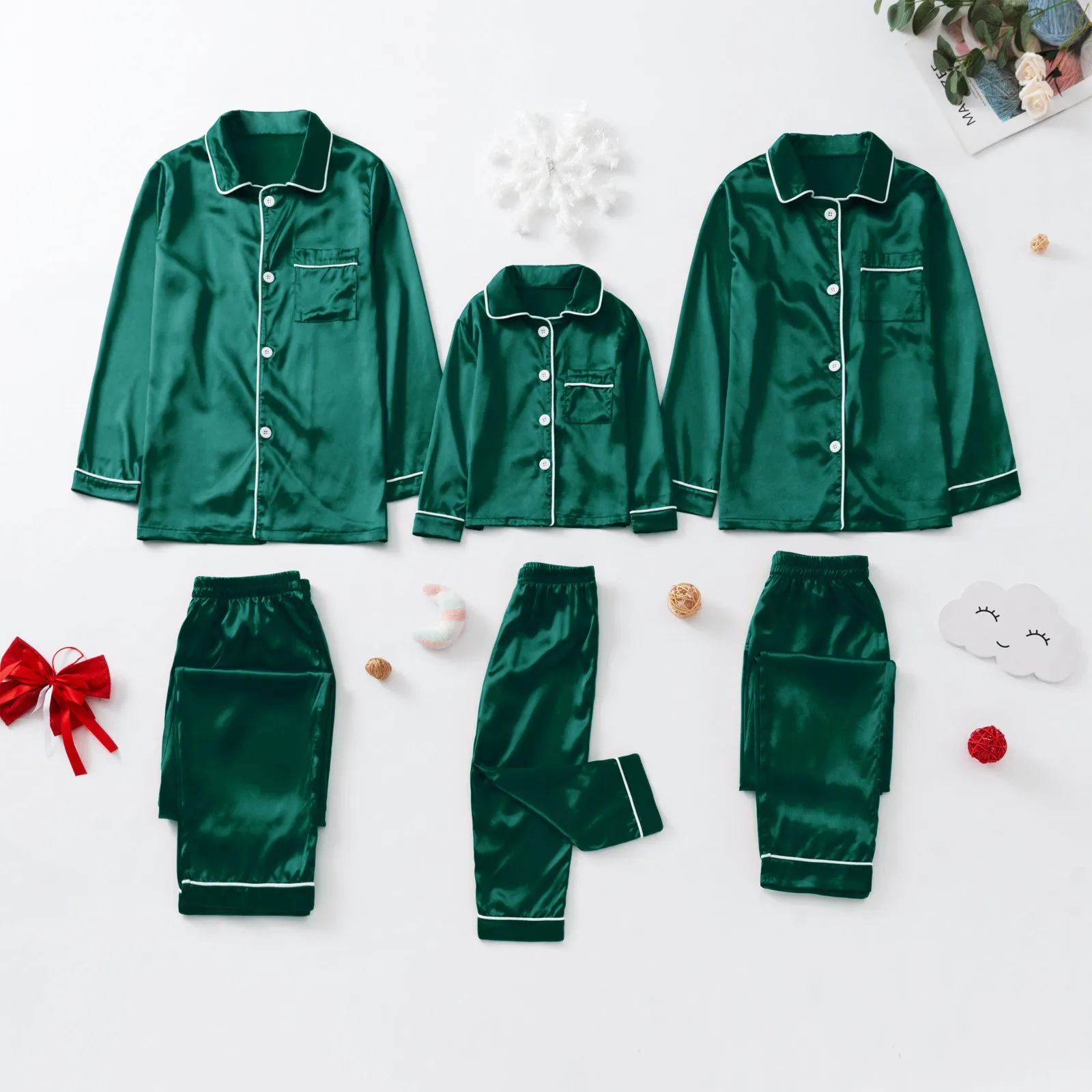 Solid Color Green Christmas Pajamas Family Adults Kids Xmas Imitation Satin Silk Tops Pants Sleepwear Outfits 2 Piece Suit