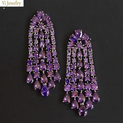 Designer Women's Earrings Luxury Jewelry Cubic Zirconia Water Drop Hoop Dangle Earrings for Women Party Jewelry Purple Gift