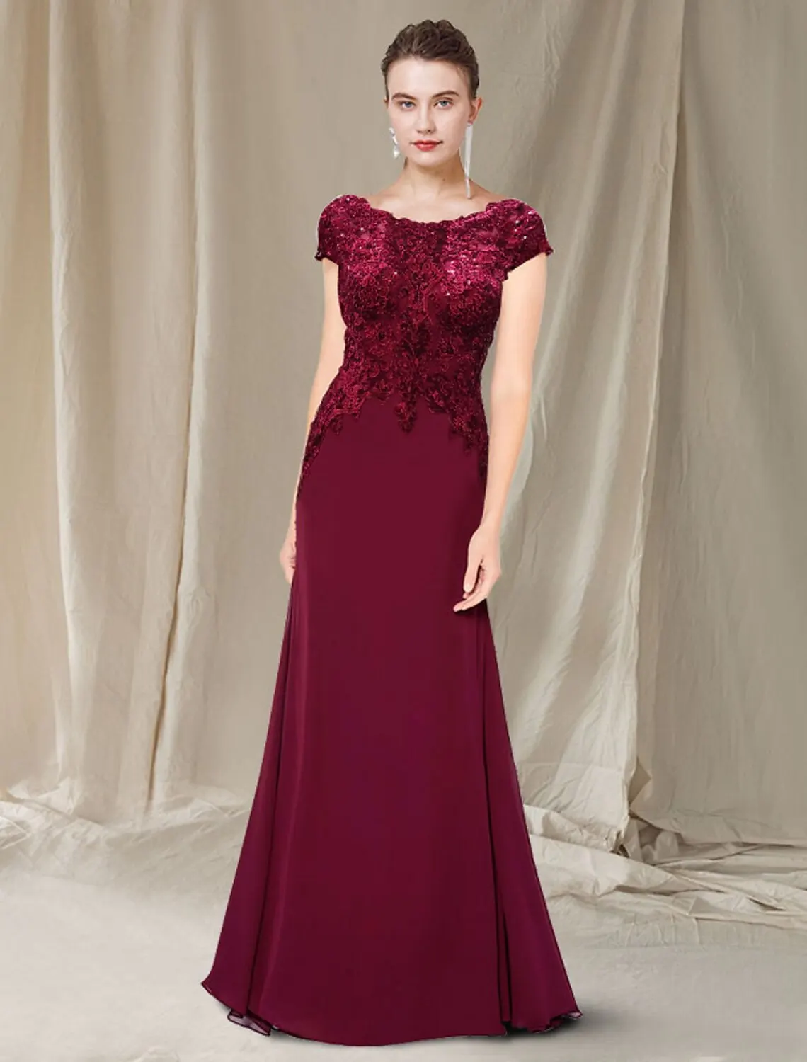 A-Line Mother of the Bride Dress Elegant Jewel Neck Sweep / Brush Train Chiffon Lace Short Sleeve with Appliques 2024