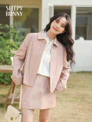 Women Faux Leather Jacket and High-Waist A-Line Skirt Set Slim Fit Turn Down Collar Outfit Chic Spring Two-Piece Matching Set
