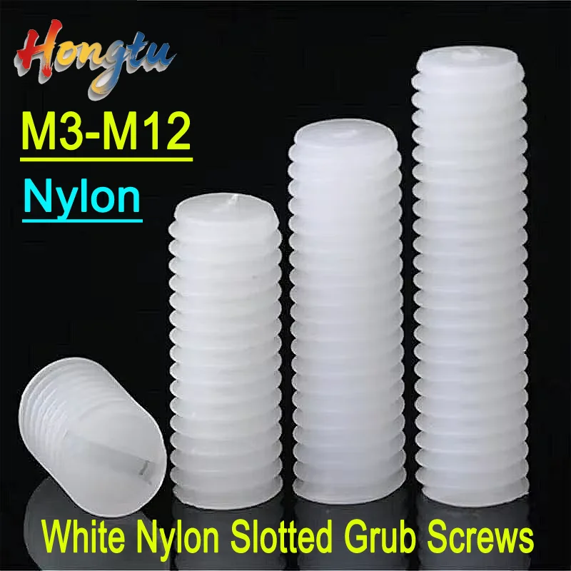 White Nylon Slotted Grub Screws (M3-M12) - Flat Head Headless Metric Set Screws