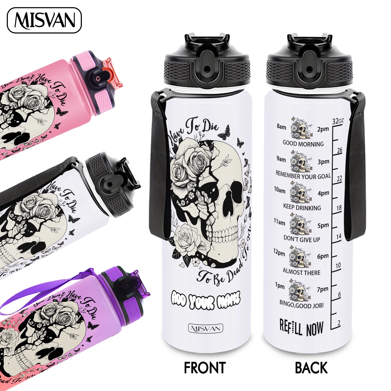 

Бутылка для воды 32 унции с градиентным дизайном, рисунком черепа, розы и бабочки, 1 шт., непротекающая, с HD-печатью, не осыпающийся рисунок, идеально подходит для спорта, фитнеса, отдыха