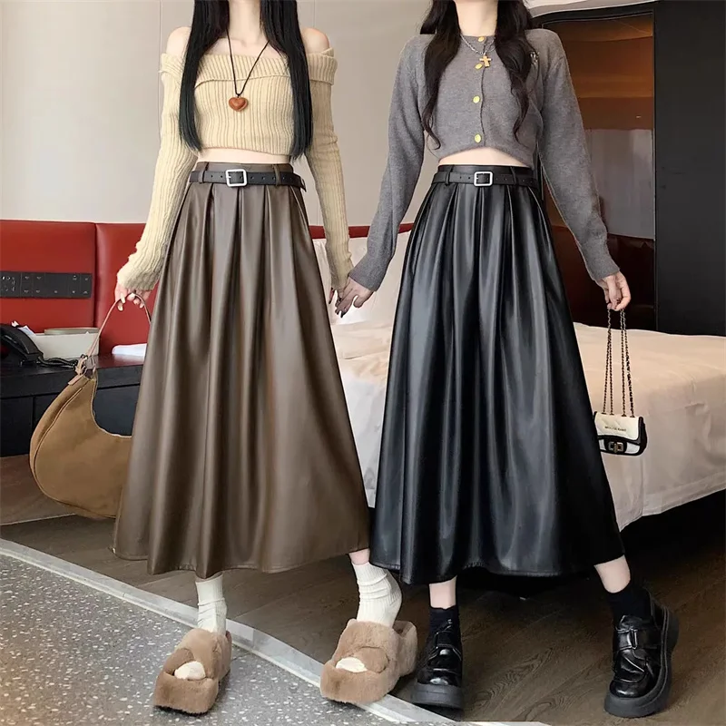 أسود فو بولي Leather جلد المرأة ألف خط التنانير 2026 جديد الخريف الشتاء عالية واسط الصلبة شيك مظلة مكتب التنانير الإناث #6