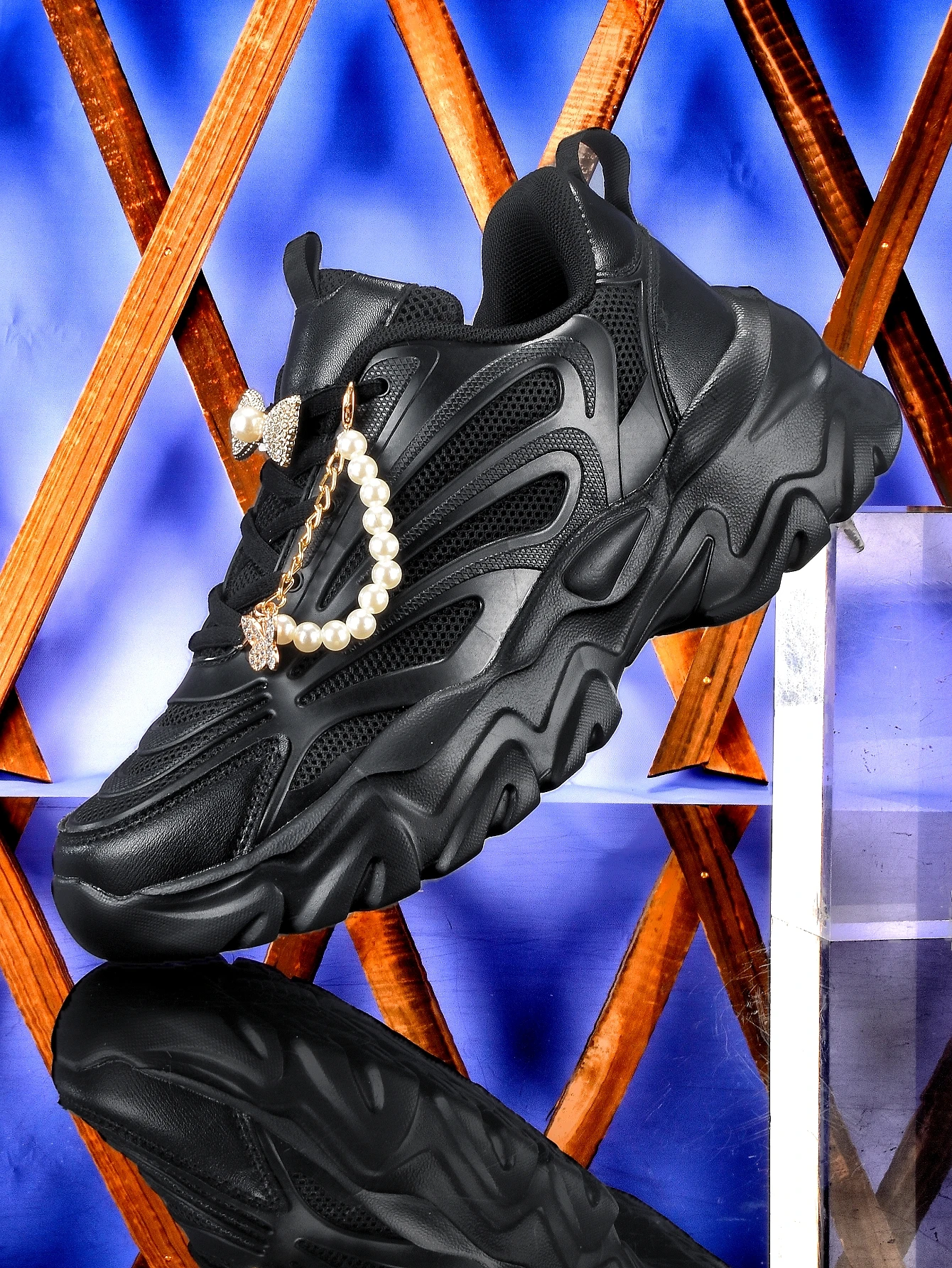 Women's Thick-Soled 5cm Height-Increasing Dad Shoes Y2K Sweet Cool Style with Detachable Gold Bow, Pearl Chain Decoration, Breathable Mesh, Eva Irregular Sole, Black Casual Sneakers, Trendy for Everyday Wear, Unique Design, Non-Crowded Style, Hot Girl Student Versatile Soft-Soled Women's Shoes