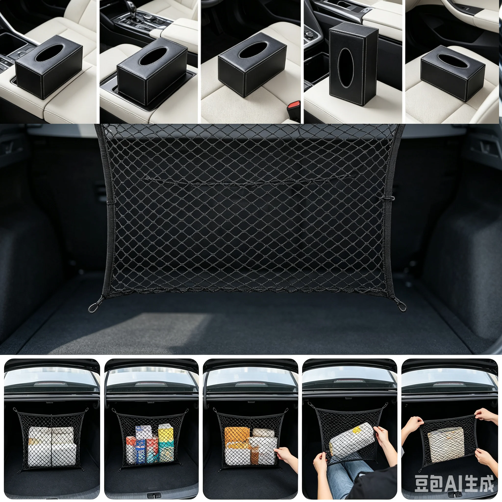 100cm x 70cm Black Nylon Car Trunk Net Luggage Storage Organizer Bag Rear Tail Mesh Network With 4 Hooks