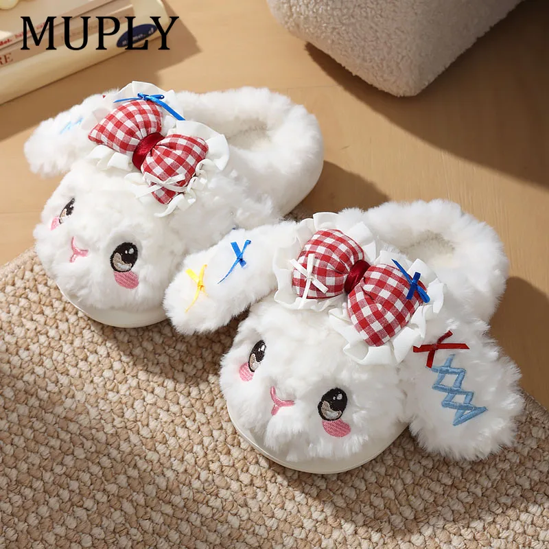 Children Cotton Bow Bunny Slippers Winter Indoor Home Warm Household Wool Cotton Shoes Girls Cute Warm Comfortable Slippers