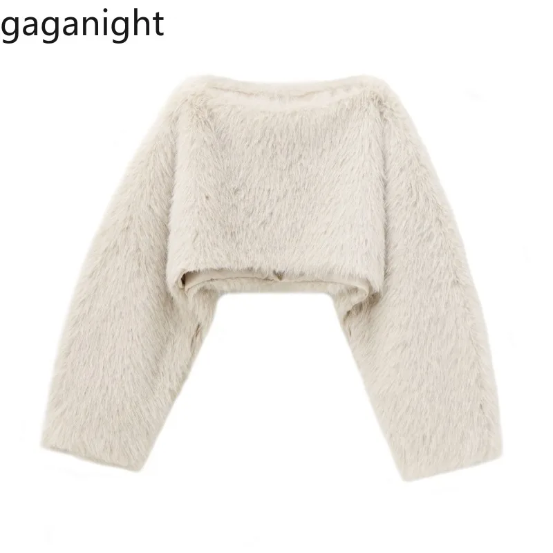 

Gaganight Sweatshirts Women Faxus Fur Patchwork Slash Neck Long Sleeve Solid Autumn Winter Crop Tops Female Pullover Fashion