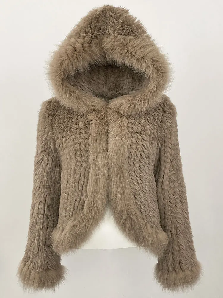 2025 New Autumn Winter Hooded Real Fox Fur Jacket Natural Rabbit Fur Coat Women Fashion Solid Kintting Fur Outerwear Female