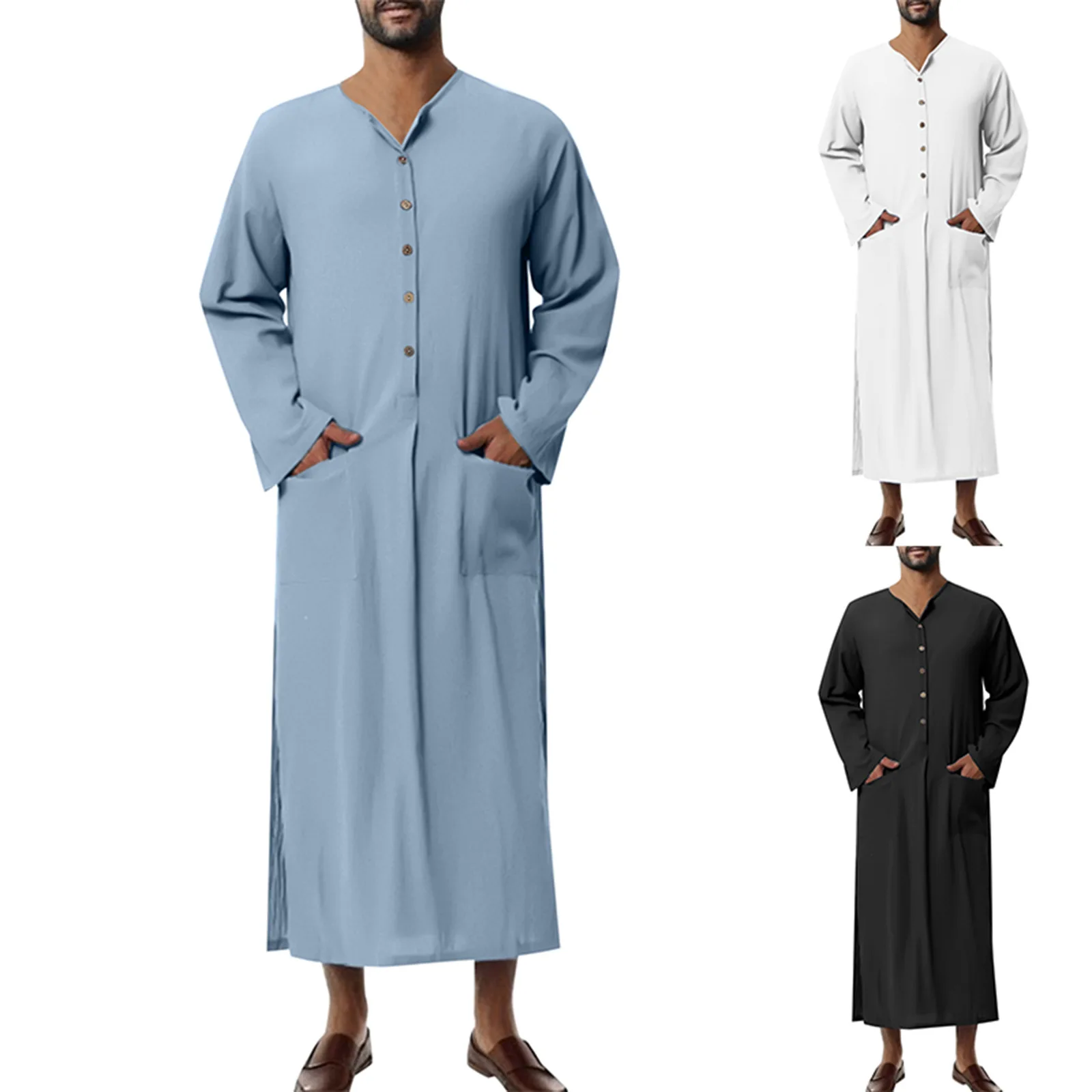 2024 Summer New Men's Long Sleeve Solid Color Cotton Loose Robe Men's Middle Eastern Muslim Robe