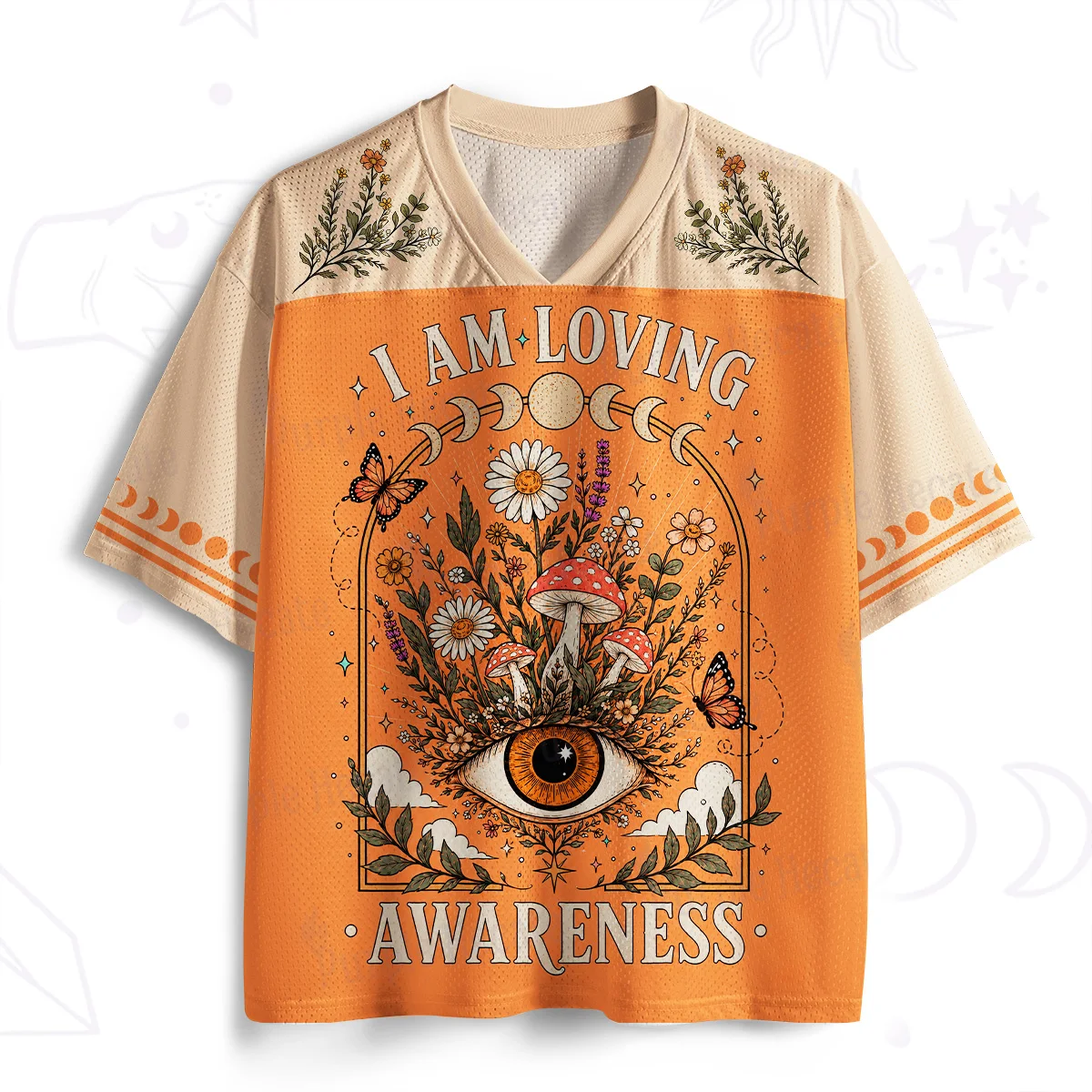 Mushroom Daisy Magic Eye Star Moon 3D Printed Baseball Jacket Men's and Women's Loose V-neck Breathable Mesh Short Sleeve