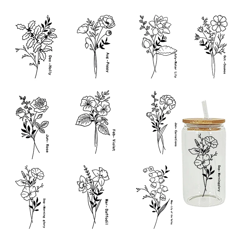 Beautiful Flower UV DTF Wrap Transfer Sticker For 16Oz Glass Cup Sticker Print Waterproof Diy Easy To Use D8957