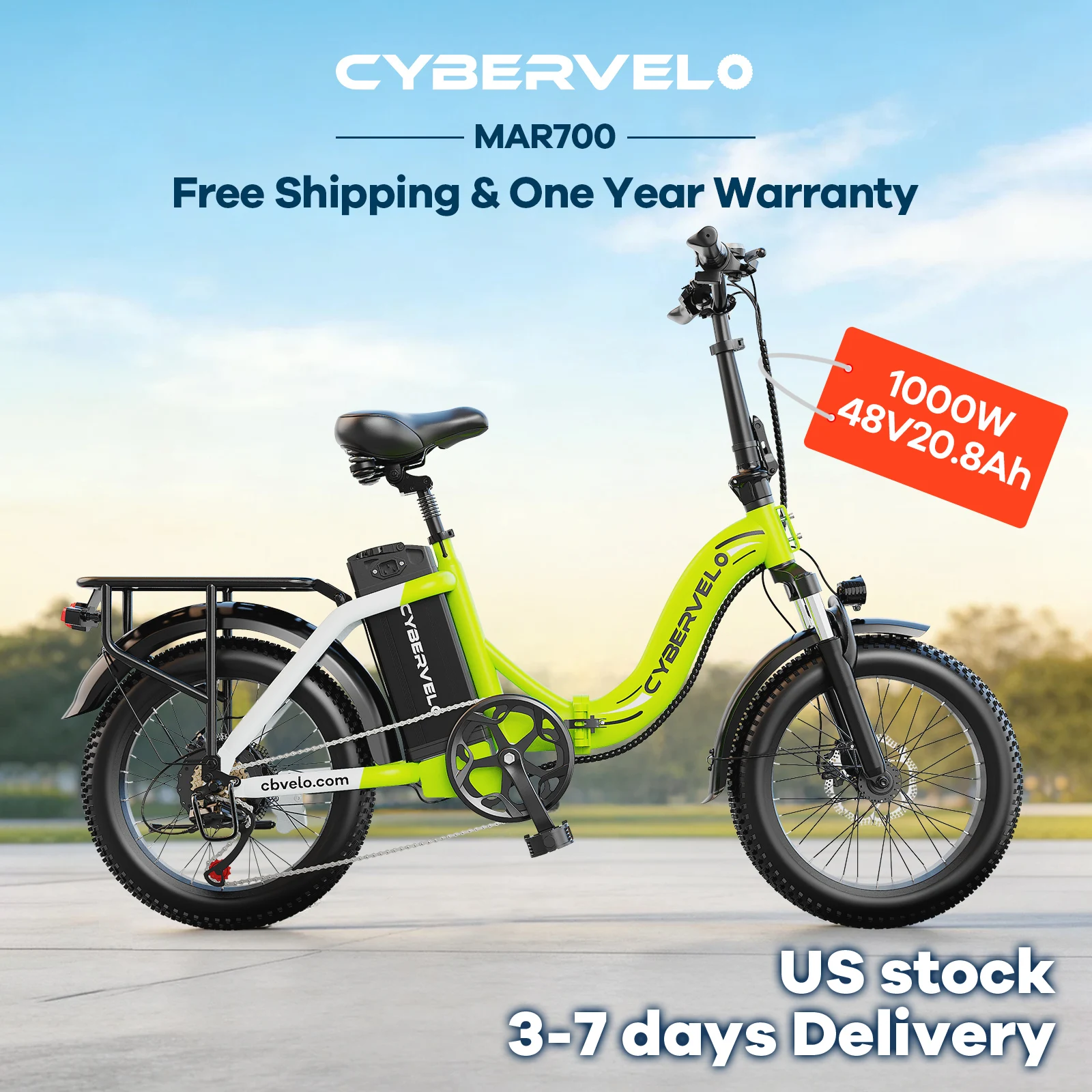 

1000W Peak 20" Fat Tire Foldable Electric Bike, 48V 20Ah Removable Battery, All Terrain Adult Commuter Ebike Cybervelo Mars700