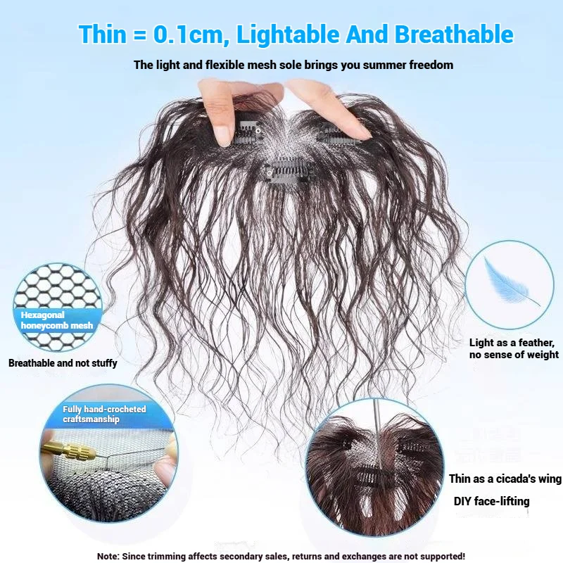 100% Human Hair Curly Bangs Toppers for Women Breathable Lace Base with Clips Curl Baby Hair Fringe Hairpiece for Thinning Hair