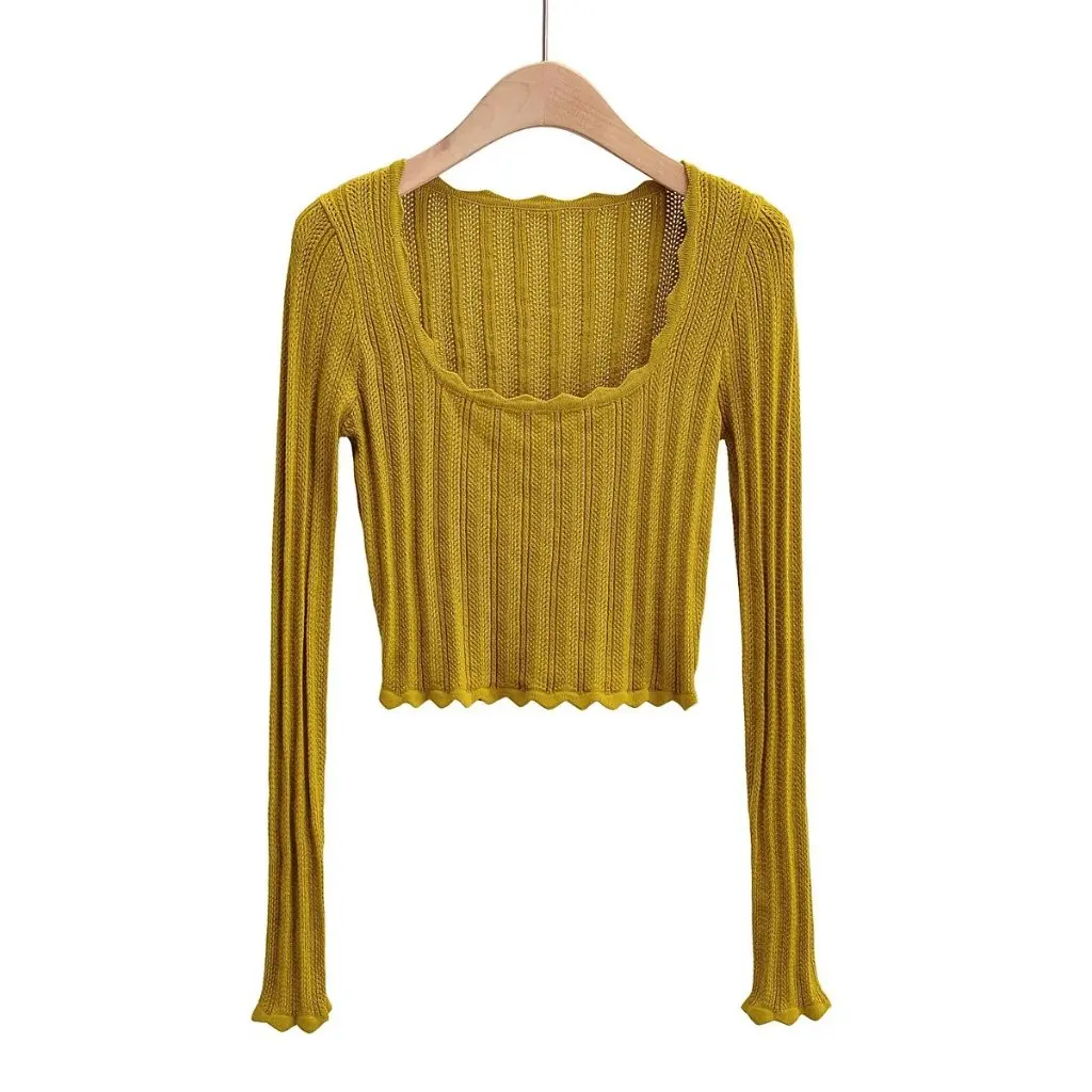 

Fashion Women's Knitwear Long-Sleeved T-Shirt U-Collar Lace Hollow Base Shirt European And American Style Autumn New