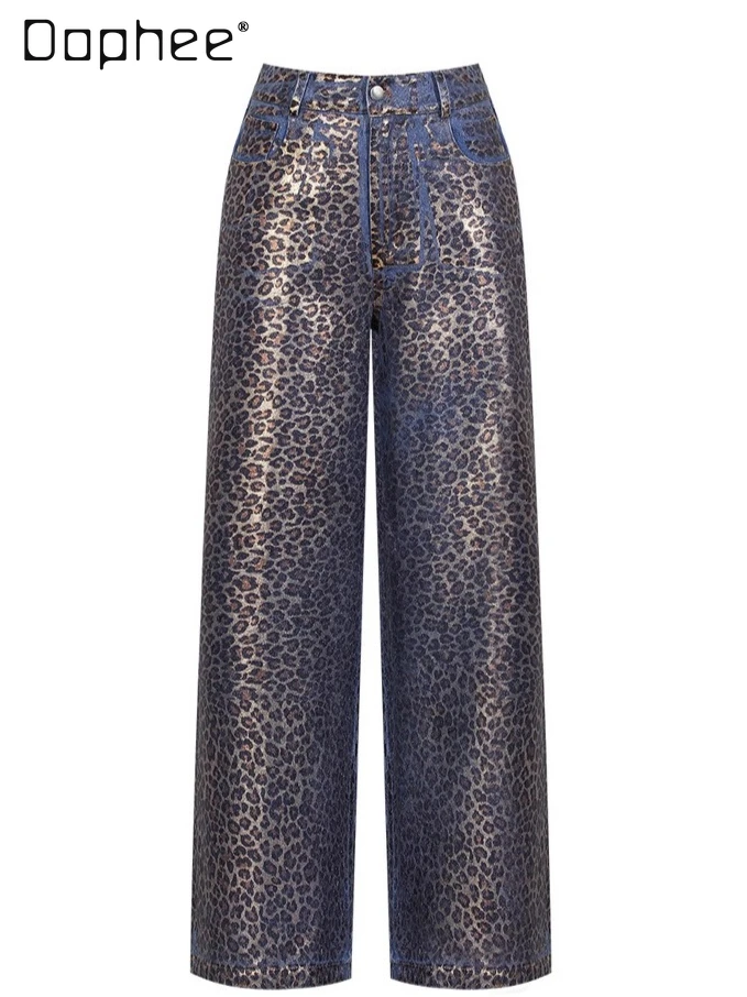 

Personalized Fashion Gradient Leopard Print Jeans for Women Autumn Loose BF American Street Hot Girl Straight Long Pants Trend