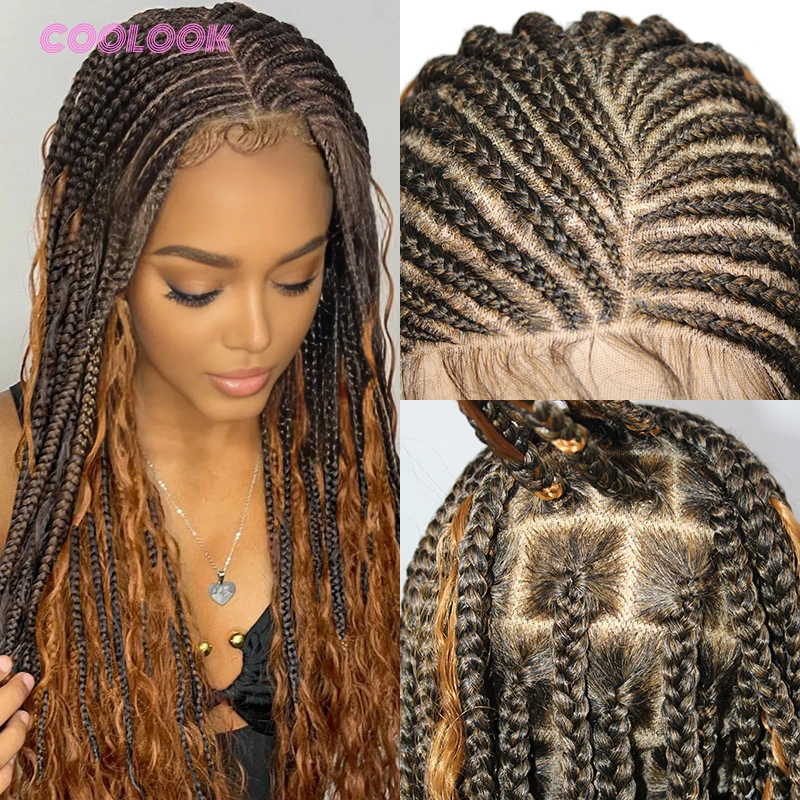 

32" Synthetic Boho Cornrow Braided Wigs For Black Women Knotless Box Braided Wig Full Lace Wig Cornrow Braids Lace Wigs Cheap