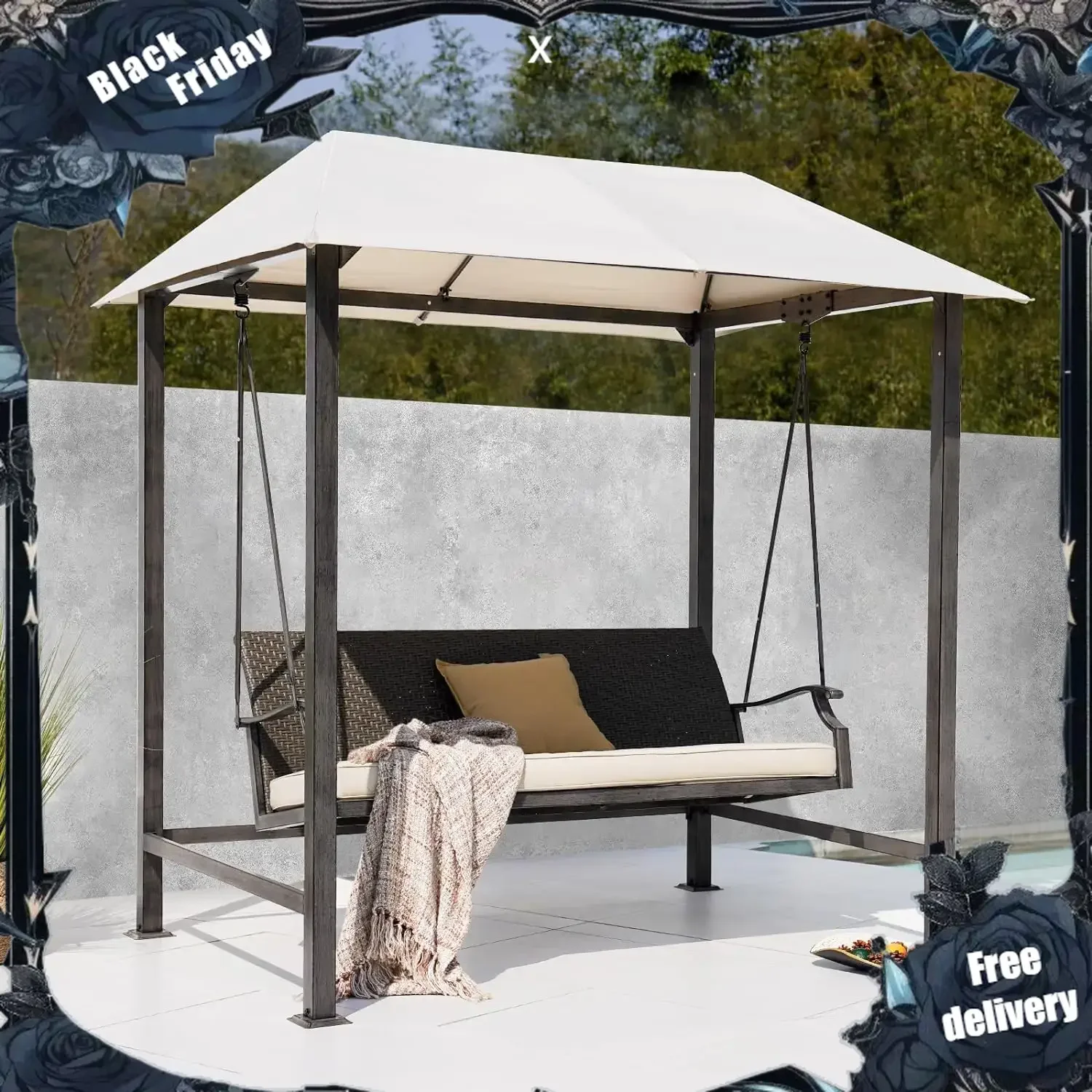 Outdoor Porch Swing 3-Seat with Canopy, Removable Olefin Cushion for Garden, Backyard, Poolside, Beige