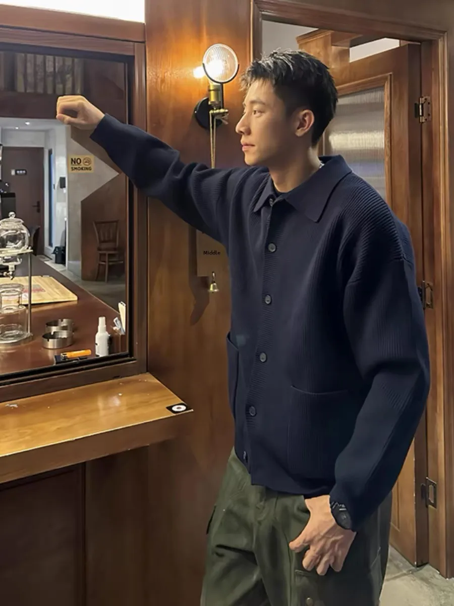 

Ретро американский вязаный кардиган, мужской осенне-зимний теплый повседневный свободный крой, длинный свек, однотонный свитер с воротником