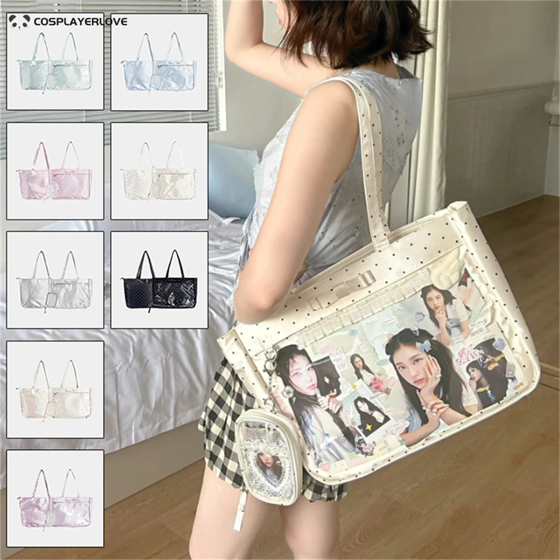 2026 Lolita Uniform Tote Daily satin Itabag Women Square Leather Exterior PVC Transparent Backpack Ladies Large Capacity Handbag