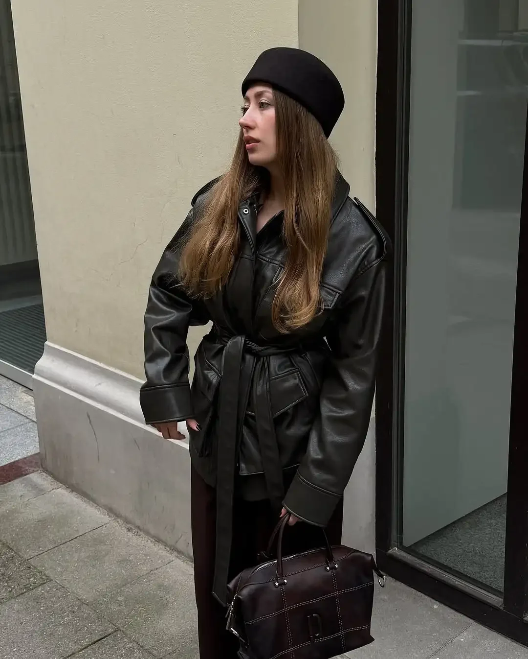 Giacca da donna in pelle con lacci retrò tinta unita Giacca casual con risvolto a maniche lunghe Tasca Giacche larghe Lady Capispalla da strada per pendolari quotidiani